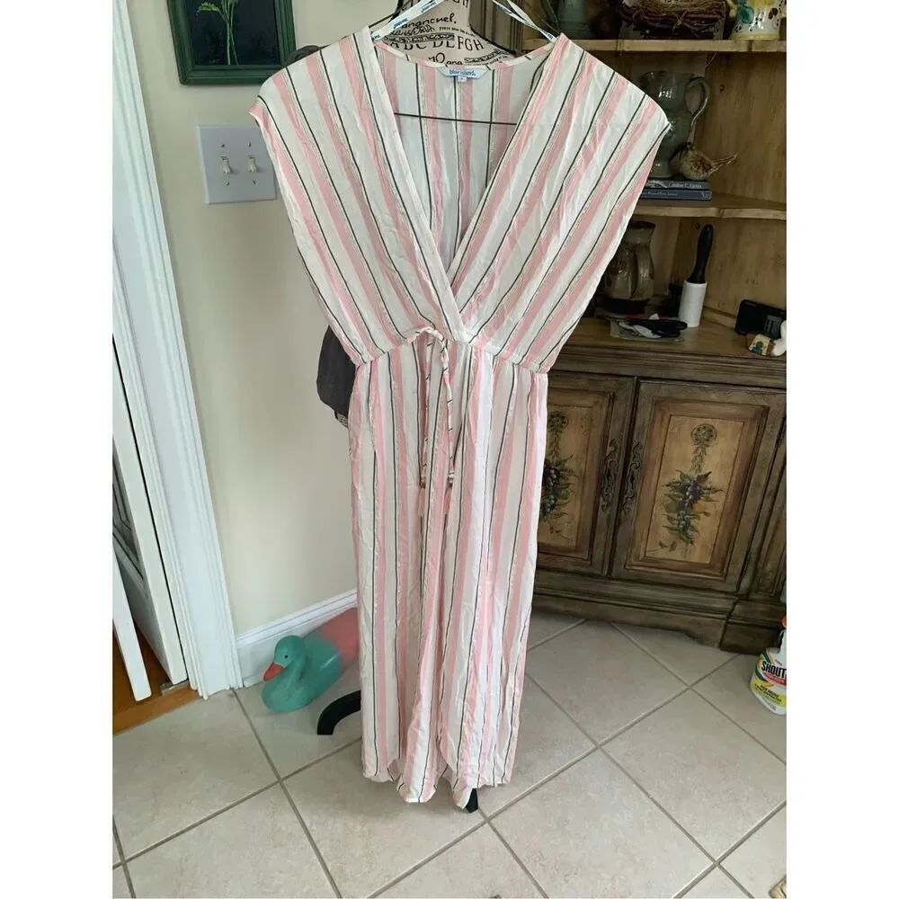 Blue Island Rose Pink White & Gold Metallic Thread Striped Maxi Dress